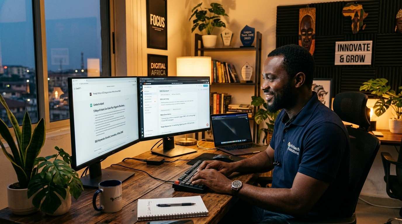 Kenyan SME owner using Claude AI on laptop to generate website copy and SEO content for their business website