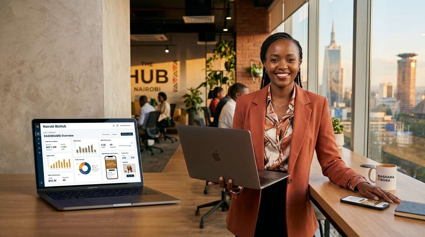Kenyan entrepreneur working on laptop reviewing business website analytics in a Nairobi co-working space