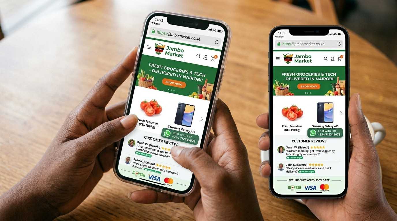 Close-up of a Kenyan business website showing SSL padlock, WhatsApp chat button, and customer testimonials section on mobile screen