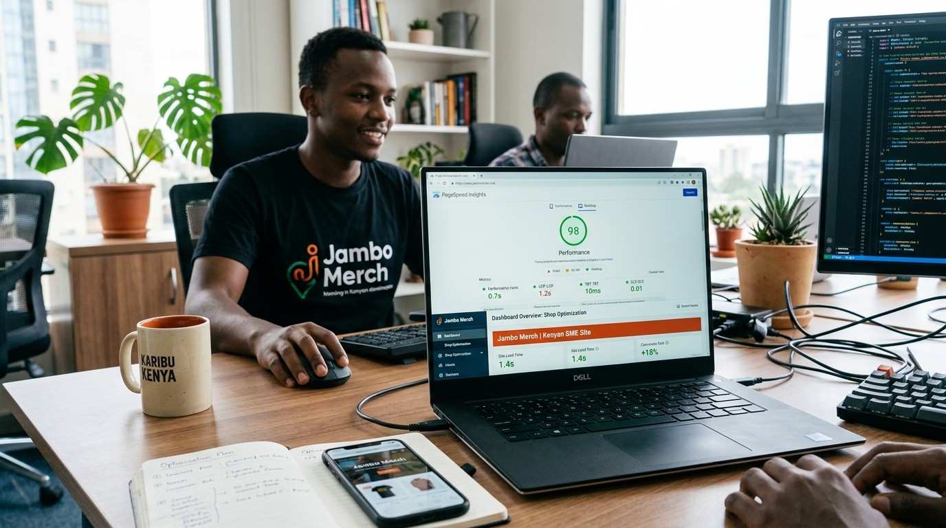 Google PageSpeed Insights score showing a Kenyan small business website scoring 90+ on mobile performance after optimisation